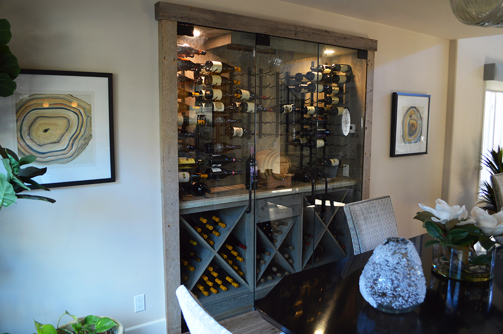 bottom wooden racking system for custom wine cellar